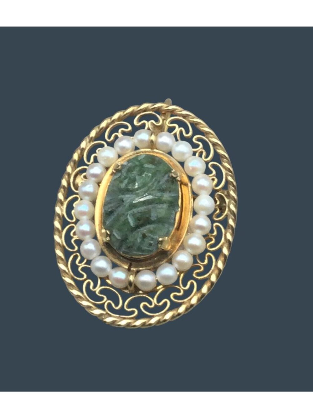 Winard Brooch 1/20 12KGF Scarab Jade Seed Pearl Filigree Pin Pendant Vintage - Picture 3 of 6